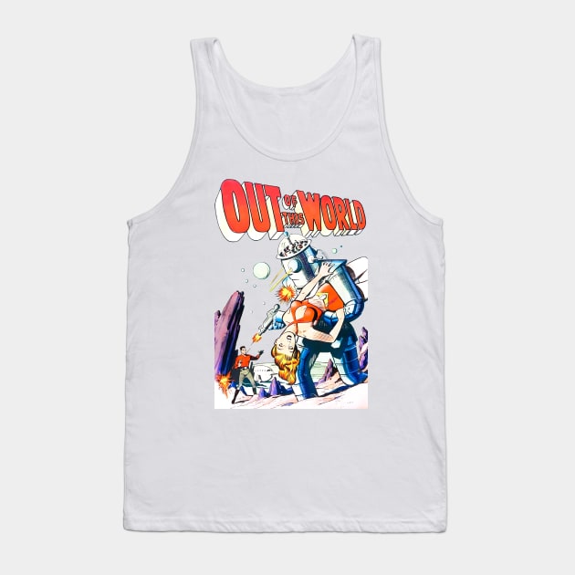 Out of the World 1950 Retro Robot futuristic science fiction Vintage Comic Tank Top by REVISTANGO